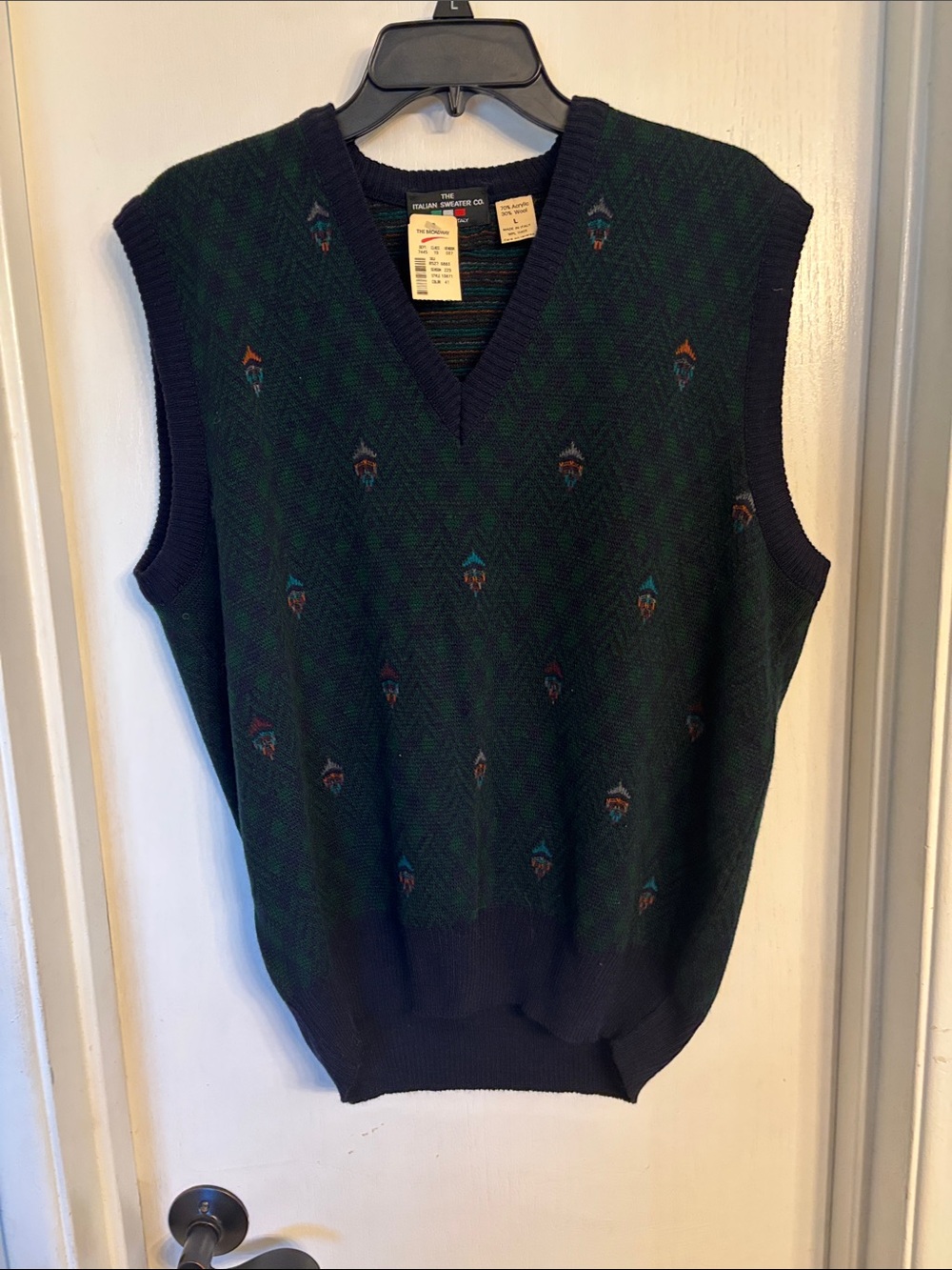 Talbots Dark Green and Navy V-Neck Patterned Sweater Vest